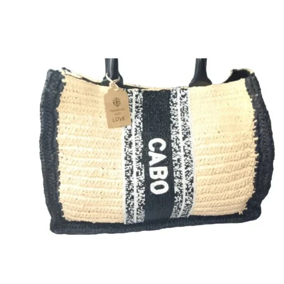 DE SIENA CABO Raffia Tote Bag Natural & Black Beaded Bag Retail $458 - Picture 2 of 10